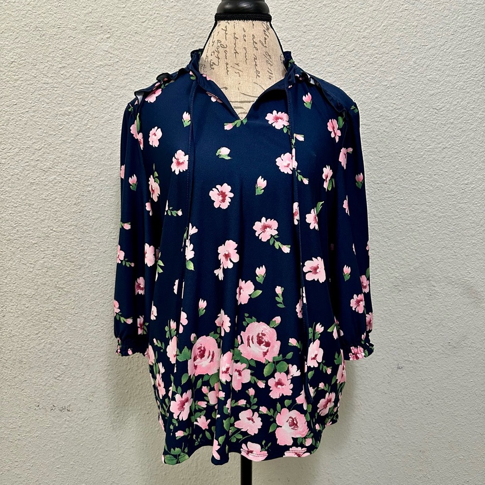 Navy Floral Blouse with Pink Accents